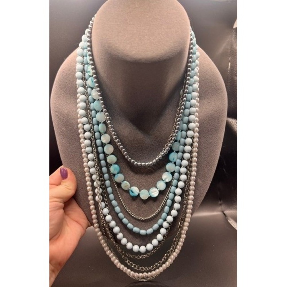 Luxe Coastal Multi-Strand Statement Necklace Shabby Chic Blue, Pearl & Silver
